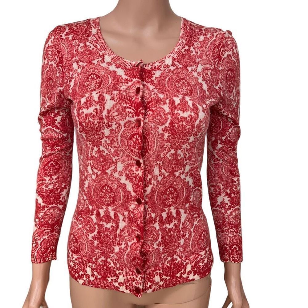 Talbots Pure Merino wool cardigan sweater red cream button front long sleeve Sp